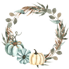 Watercolor autumn wreath with colored pumpkins, dry leaves, branches, berries