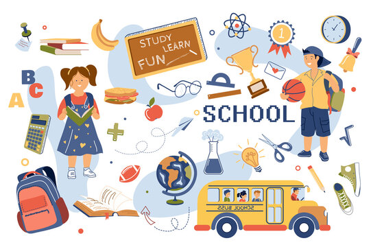 Study at school concept isolated elements set. Collection of girl reads textbook, boy with ball, school bus, blackboard, backpack, globe, books and other. Vector illustration in flat cartoon design