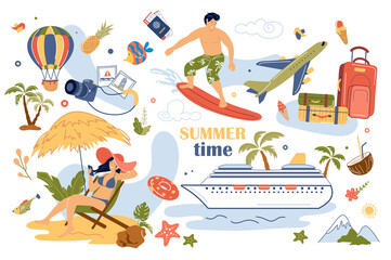 Summertime concept isolated elements set. Collection of man surfing, woman sunbathing on beach, jetliner, hot air balloon, flight and luggage and other. Vector illustration in flat cartoon design