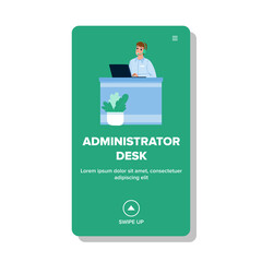 Administrator Desk Working Company Worker Vector. Man Operator Talking And Consult Customer On Phone Headset At Administrator Desk. Character Assistant Communication Web Flat Cartoon Illustration
