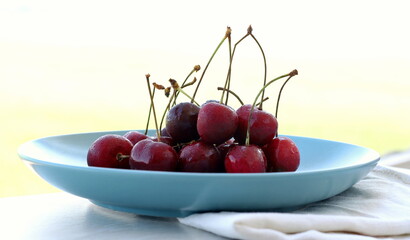 Close-up shot of berries with droplets lie on a blue plate on a table in nature