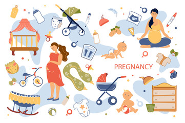 Pregnancy concept isolated elements set. Collection of pregnant woman hugging belly, doing yoga, baby care, crib, stroller, toys, bottles, clothes and other. Vector illustration in flat cartoon design