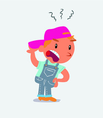 Indigned cartoon character of little boy on jeans vehemently shakes his hand.