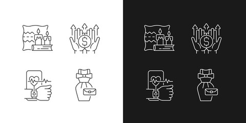 Lifestyle tendencies linear icons set for dark and light mode. Hygge life. Wealth building. Health tracking. Customizable thin line symbols. Isolated vector outline illustrations. Editable stroke