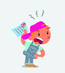 little boy on jeans waving a exam angrily.