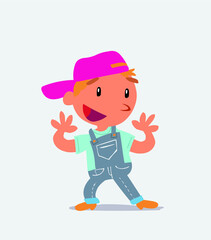 Pleasantly surprised cartoon character of little boy on jeans.