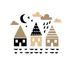 Fototapeta premium Vector card with cute houses. Illustration for children's prints, greetings, posters, t-shirt, packaging, invites. Scandinavian style flat design. 