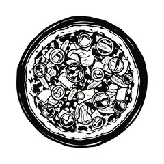 Vector sketch of meat pizza. Tasty Italian pizza topped with tomato sauce, cheese, pickles, onion and prosciutto. Vector black and white illustration.