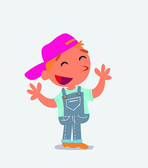  Pleased cartoon character of little boy on jeans explaining something.