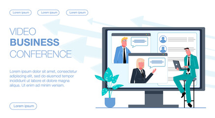 A businessman is working on a laptop and video chatting with his colleagues, with a business video conference on the monitor flat vector illustration