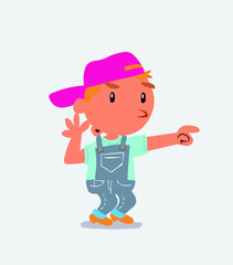 Surprised cartoon character of little boy on jeans points to something