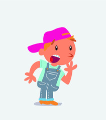 Unpleasantly surprised cartoon character of little boy on jeans looks to the side