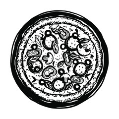 Vector sketch of Italian pizza. Classic pizza topped with cheese, bell pepper, black olives, mushrooms and pepperoni. Vector black and white illustration.