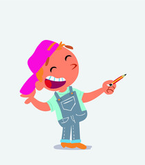  cartoon character of little boy on jeans is happy while pointing to the side with a pencil.
