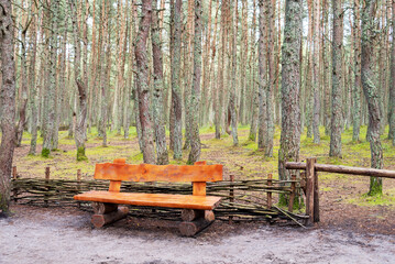 Wooden bench made of logs and placed in the forest