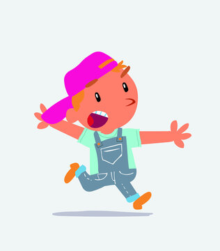  cartoon character of little boy on jeans running angry.