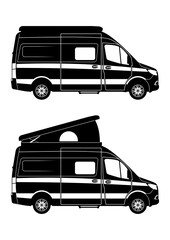 Silhouettes of modern camper van with elevating roof. Side view. Vector.