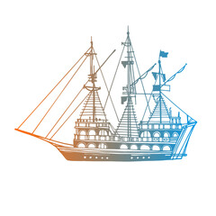 Vintage pleasure ship, old boat in the sea. Pirate schooner. Hand drawn sketch. Line art. Colourful vector illustration on white background.