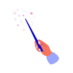 Flat vector cartoon illustration of a hand holding a magic wand on an isolated white background. 