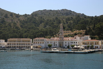 greece coast sea tourist town mediterranean mountains