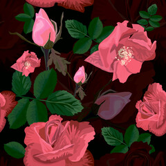 Seamless pattern for fabric with flowers of pink roses and green leaves
