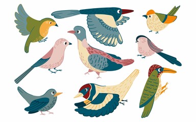 Birds set vector illustration in cartoon style. Flying little cute birds collection of robin, jay, magpie, pigeon, woodpeckers, goldfinch