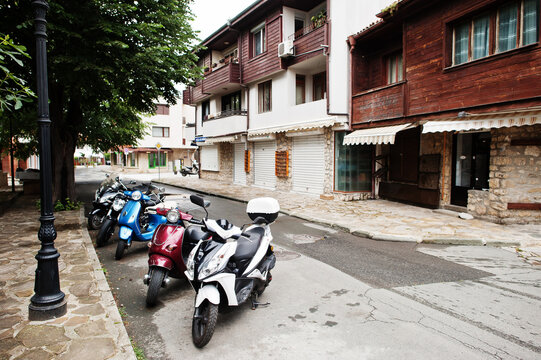Moped scooters in old town Nesebar, Bulgaria.