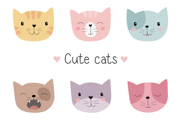 Fototapeta premium A set of cute cats. Hand drawn cat heads. Vector illustration