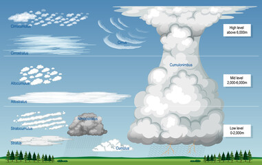 The different types of clouds with names and sky levels - obrazy, fototapety, plakaty