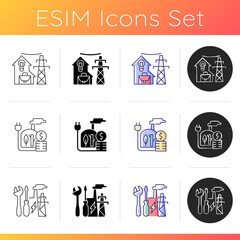 Electrical power icons set. Utility for residential house. Geothermal energy production cost. Indsutrial plant repair. Linear, black and RGB color styles. Isolated vector illustrations