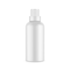 White matte plastic bottle for conditioner, shampoo, detergent, oil, medicine, cosmetic bottle. Front view of plastic bottle with screw cap packaging mockup template, 3d illustration