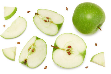 green apple with slices isolated on a white background. top view. clipping path