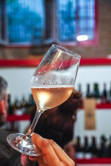 glass of rose wine held by one hand
