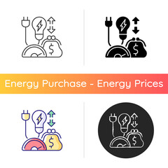 Energy efficiency program icon. Policy for purchasing electrical power. Resource supply consumption for cost. Energy purchase. Linear black and RGB color styles. Isolated vector illustrations