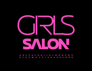 Vector stylish emblem Girls Salon. Elegant modern Font. Pink glamour ALphabet Letters and Numbers set