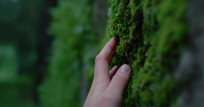 Cinematic close up of female fingers touch gently moss on tree bark. Tender and sensual connection to nature and environment. Conscious traveling and protection of rain forest