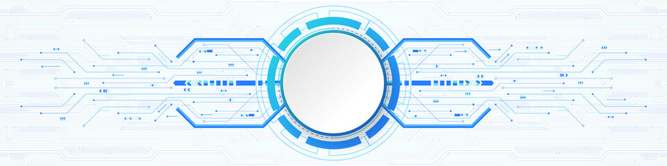 Abstract Technology Background, white circle banner on blue digital circle and circuit board