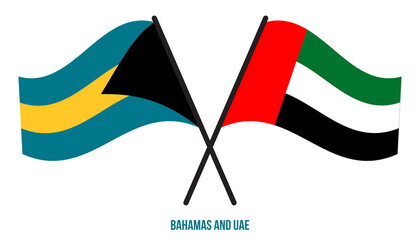 Bahamas and UAE Flags Crossed And Waving Flat Style. Official Proportion. Correct Colors.