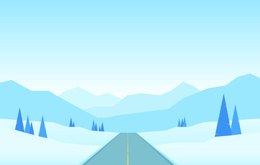 Vector illustration: Winter snowy flat cartoon mountains landscape with road, hills and pines. Christmas background.
