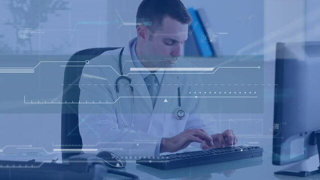 Animation of data processing over male doctor using computer