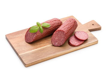 Salami smoked sausage, basil leaves on white background cutout.