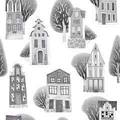 Fototapeta premium Seamless pattern of old buildings trees and bushes drawn in pencil