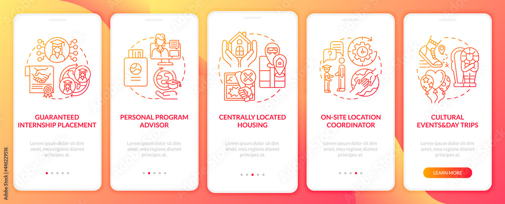 Wall mural work-based learning benefits onboarding mobile app page screen. personal instructor walkthrough 5 st
