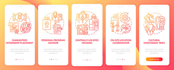 Work-based learning benefits onboarding mobile app page screen. Personal instructor walkthrough 5 steps graphic instructions with concepts. UI, UX, GUI vector template with linear color illustrations