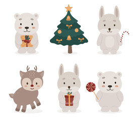 Christmas animals with gift box. Scandinavian Bear, rabbit, hare, deer, lollipop, candy. Christmas tree with Christmas decorations (star, ribbon, christmas ball, bell). New Year 2022.