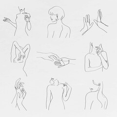 Aesthetic woman&rsquo;s body vector line art minimal grayscale drawings set
