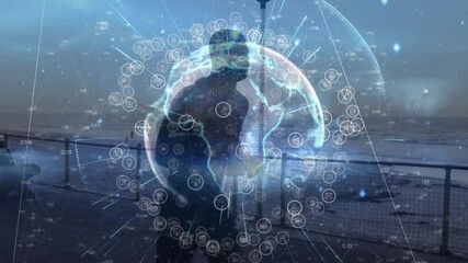 Animation of globe of networks of connections over man running by seaside