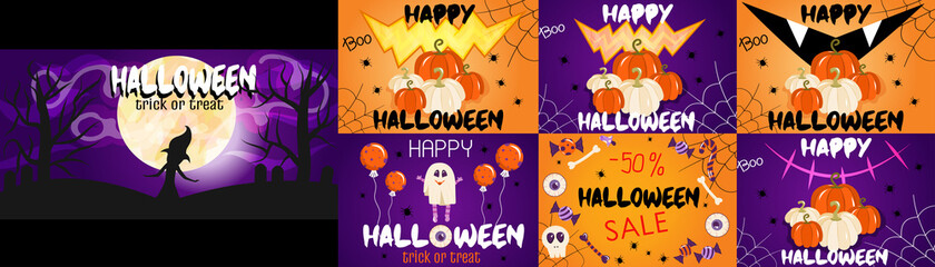 A set of banners for Halloween with the moon, pumpkins, spiders. Banners for invitations, decor with sweets, cobwebs. Purple and orange halloween backgrounds. Vector illustration in cartoon style.