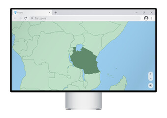 Computer monitor with map of Tanzania in browser, search for the country of Tanzania on the web mapping program.