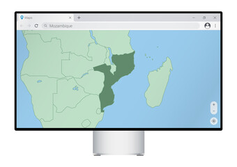 Computer monitor with map of Mozambique in browser, search for the country of Mozambique on the web mapping program.